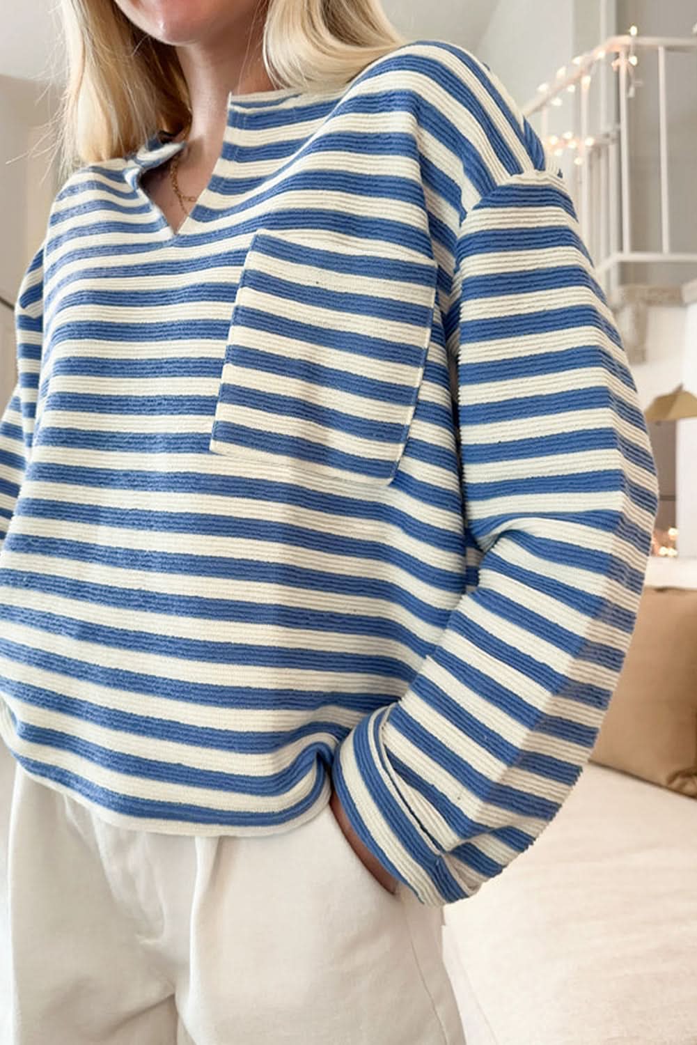 Sky Blue Striped V-Neck Top - Love Salve